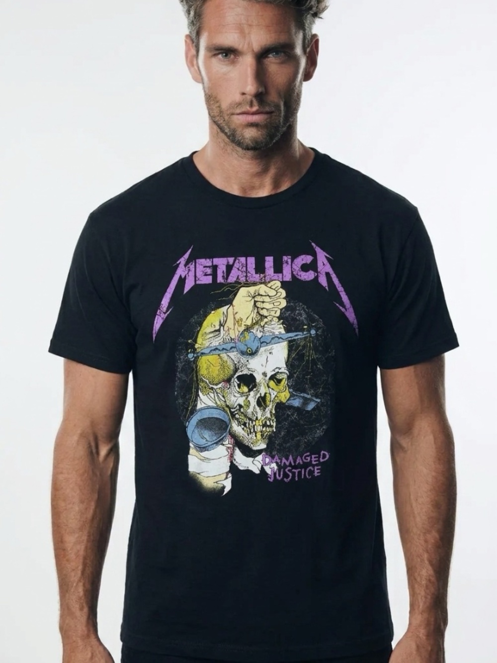 METALLICA • Damaged Justice Skull Graphic Black Band Tee Size Large